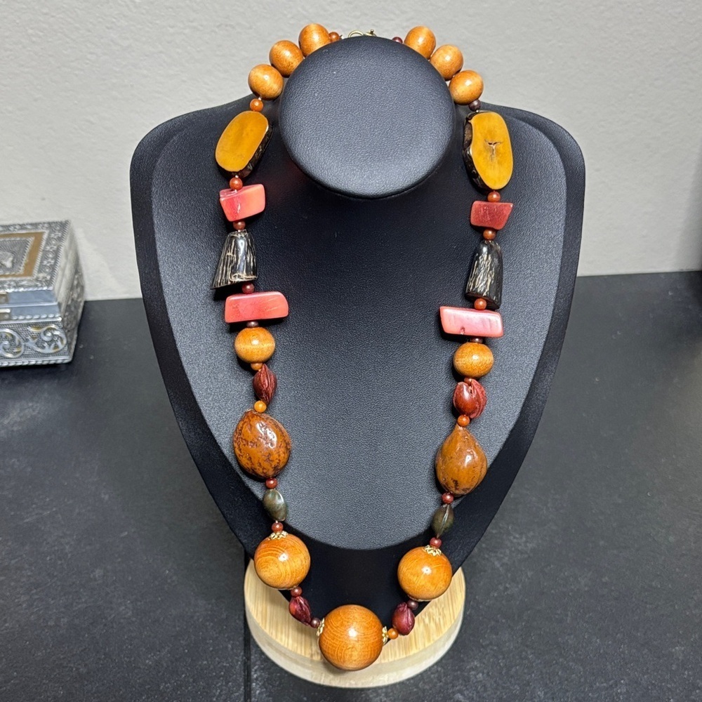 Chunky Wood Handcrafted Tribal Tagua Nut Beaded Necklace
